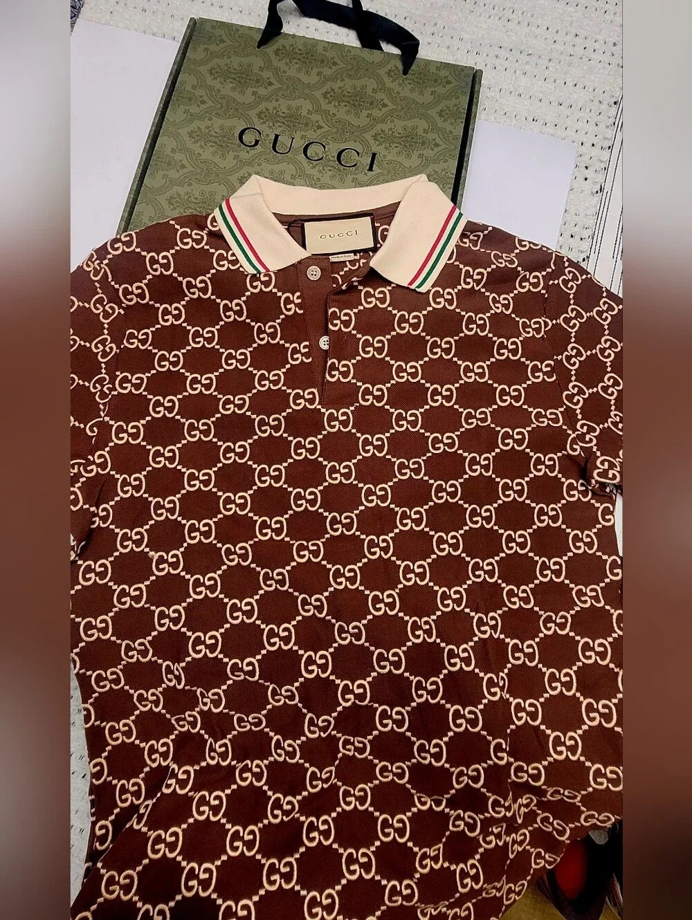🇮🇹 Gucci Embroidered 👕Brown and Cream GG🇮🇹 Monogram Polo✨️